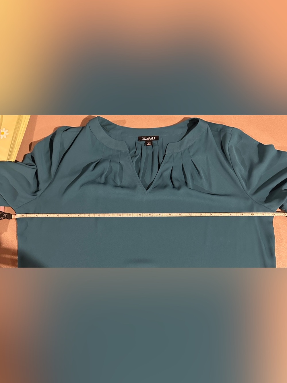 Roz & Ali Teal V-Neck Blouse with Tiered Sleeves - Picture 8 of 8